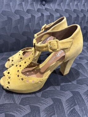 Clarks Yellow Suede Peep Toe Heels With Laser Cut Detailing & Adjustable Buckle